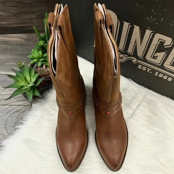 NIB Dingo Dan Post Madre Western Boots Harness Studs Cognac Leather - Picture 2 of 14